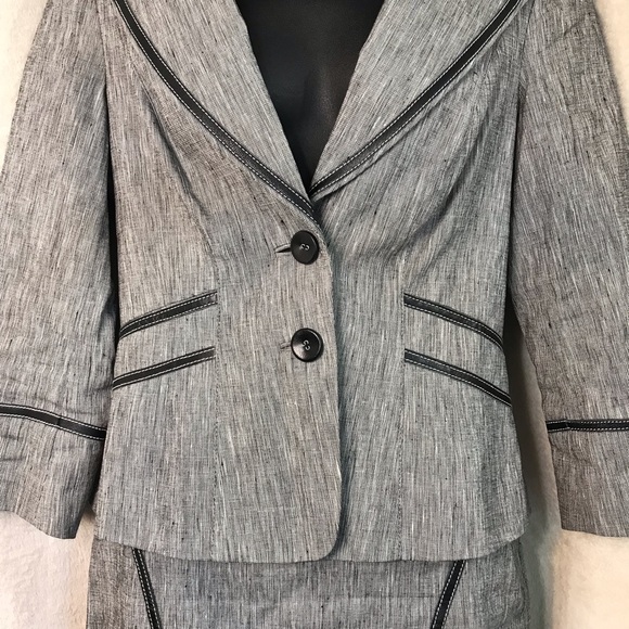 BEBE 2 piece linen blazer suit jacket and skirt set grey black trim collared top - Picture 5 of 10